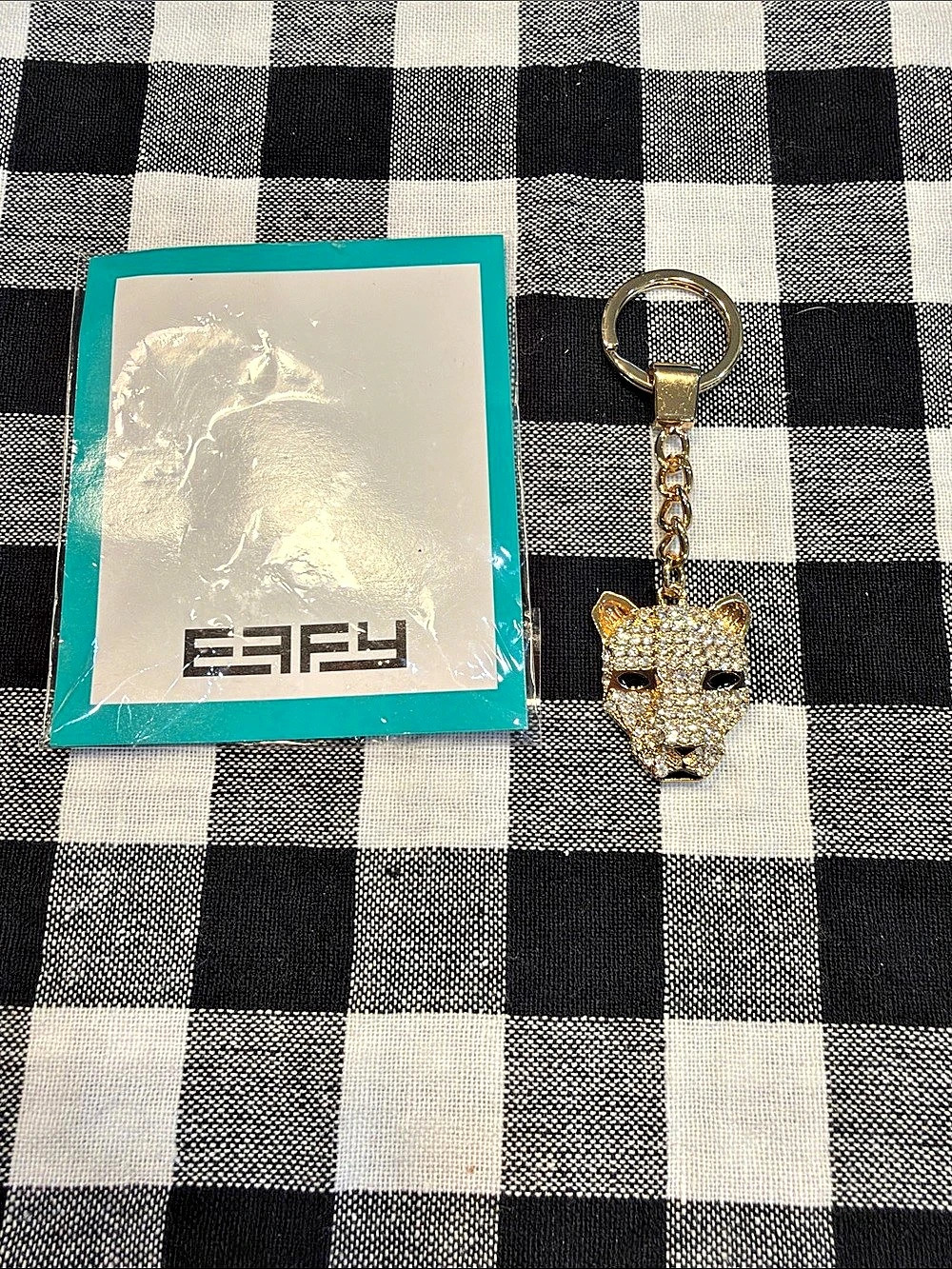 Effy Panther Head Rhinestone Keychain Gold & Black